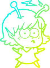 cold gradient line drawing of a cartoon alien girl