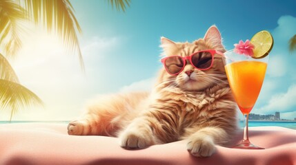 Cute cat wearing sunglasses and tropical cocktail relaxing on vacation on the beach. - Powered by Adobe