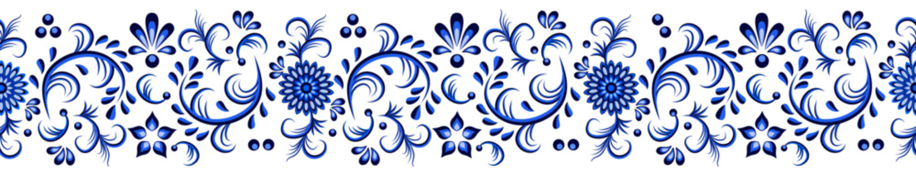 Blue on white floral border in traditional asian style, decorative element, seamless pattern, vintage oriental design background. Vector illustration
