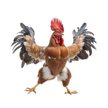 a brown rooster chicken with spreading black wings isolated on a transparent PNG or white background. bodybuilding cock.