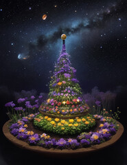 "Produce a cosmic garden with planets as flowers and stars as fireflies."