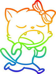 rainbow gradient line drawing of a cartoon yawning cat