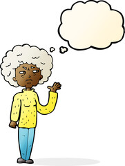 cartoon annoyed old woman waving with thought bubble