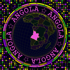 Futuristic Angola on globe. Bright neon satelite view of the world centered to Angola. Geographical illustration with shape of country and geometric background. Amazing vector illustration.