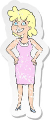 retro distressed sticker of a cartoon happy woman wearing dress