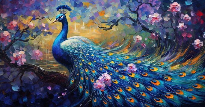 painting style illustration, beautiful peacock in cherry blossom flower garden, Generative Ai