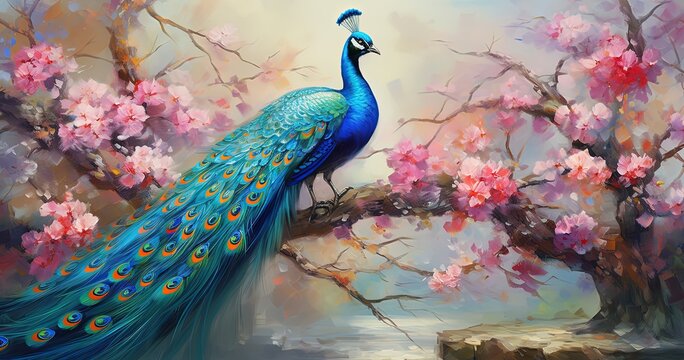 painting style illustration, beautiful peacock in cherry blossom flower garden, Generative Ai