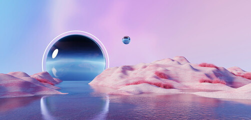 3d Render, Abstract Surreal pastel landscape background with arches and podium for showing product, panoramic view, Colorful dune scene with copy space, blue sky and cloudy, Minimalist decor design