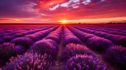Breathtaking lavender field at sunset, dramatic sky.