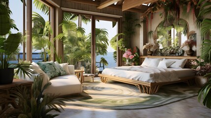 Eco-friendly bedroom with a nature-inspired design and a view of the tropics