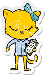 distressed sticker of a cute cartoon business cat with bow