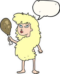 freehand drawn speech bubble cartoon cavewoman with meat