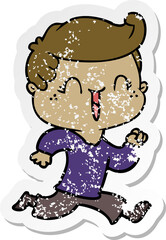 distressed sticker of a cartoon laughing boy