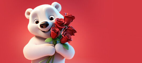 Cute Cartoon Polar Bear Holding a Bouquet of Red Roses for Valentines Day with Space for Copy - obrazy, fototapety, plakaty
