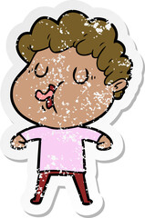 distressed sticker of a cartoon man singing