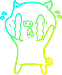 cold gradient line drawing of a crying pig cartoon