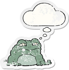 cartoon toad with thought bubble as a distressed worn sticker