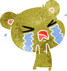 freehand drawn retro cartoon of a cute crying bear