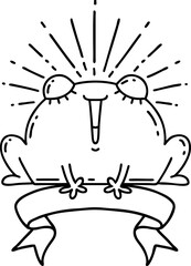 scroll banner with black line work tattoo style happy frog