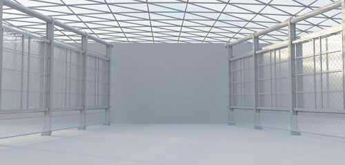 The showroom has an open area with a spacious concrete floor and a backdrop during the daytime Multi purpose courtyard concrete walls architectural 3D illustrations