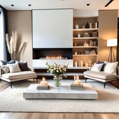  Cozy, luxurious and empty modern living room with two beige textile sofas on the hairy carpet