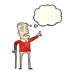 cartoon old man with walking stick with thought bubble