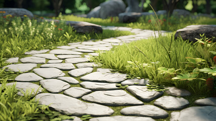 garden stone path with grass growing between the stones.