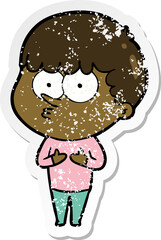 distressed sticker of a cartoon curious boy