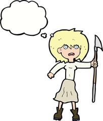 cartoon woman with harpoon with thought bubble