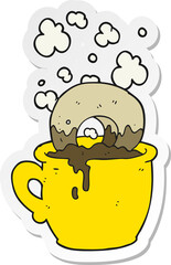 sticker of a cartoon donut dunked in coffee