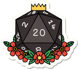 sticker of a natural 20 D20 dice roll with floral elements