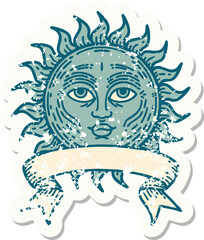 worn old sticker with banner of a sun with face