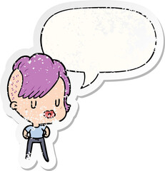 cartoon girl with punk hipster haircut with speech bubble distressed distressed old sticker