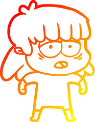 warm gradient line drawing of a cartoon tired woman