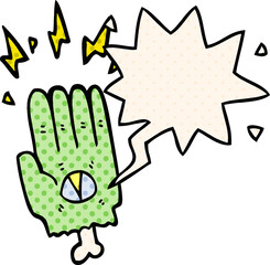 spooky halloween zombie hand with speech bubble in comic book style