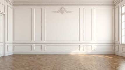 Empty room interior design, open space with white walls with stucco and parquet wooden floor,  - obrazy, fototapety, plakaty