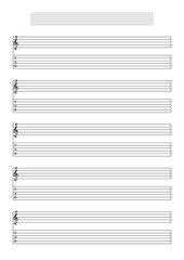 Blank Guitar (6 strings) tablature with music score staff (G Clef) sheet template to write music. Printable A4 format in portrait mode with a song title and artist name block at the top - obrazy, fototapety, plakaty