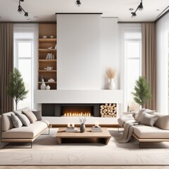 Fototapeta premium Cozy, luxurious and empty modern living room with two beige textile sofas on the hairy carpet