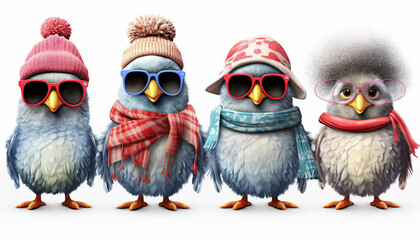 chickens dressed in seasonal attire such as scarves and hats for winter or sunglasses and beach...
