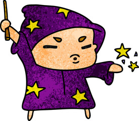 textured cartoon illustration  cute kawaii wizard child