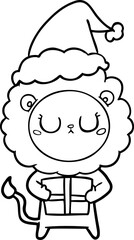 hand drawn line drawing of a lion with christmas present wearing santa hat
