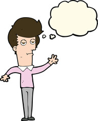 cartoon bored man waving with thought bubble