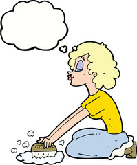 cartoon woman scrubbing floor with thought bubble