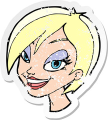 retro distressed sticker of a cartoon pretty female face