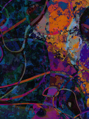 Neon abstract colorful background with grunge brush strokes and paint splashes