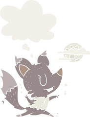 cartoon werewolf changing in moonlight with thought bubble in retro style