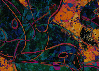 Neon abstract colorful background with grunge brush strokes and paint splashes