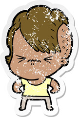 distressed sticker of a cartoon annoyed hipster girl