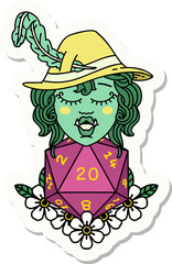 sticker of a half orc bard with natural twenty dice roll