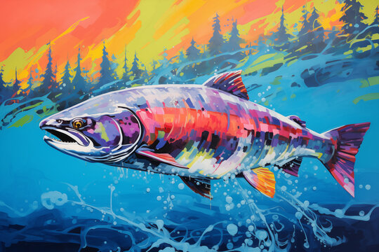 Colorful painting of Chinook salmon fish swimming in the strong current of blue, fresh, river water